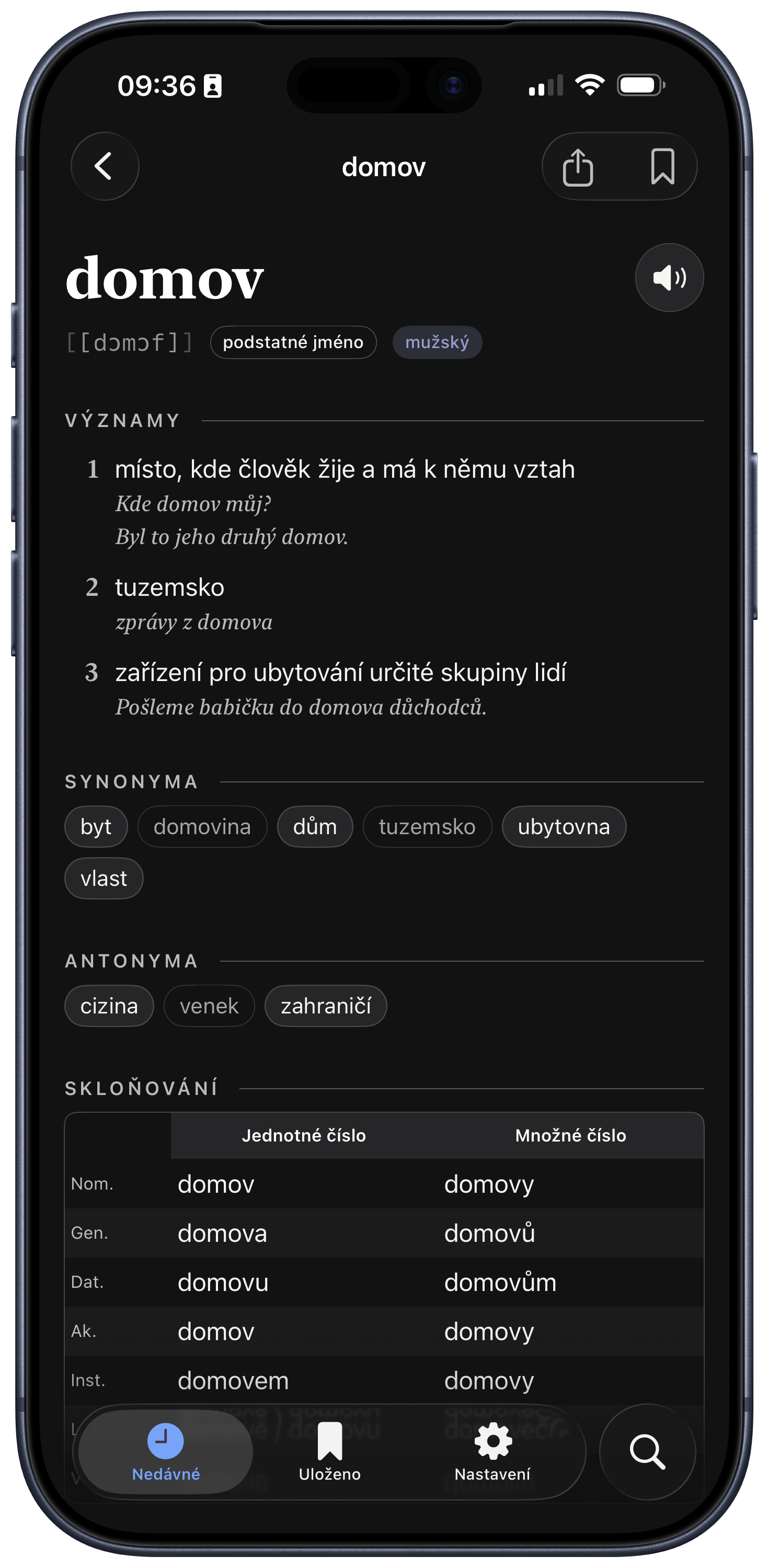 Slovíčka dictionary entry screen for the Czech word dům