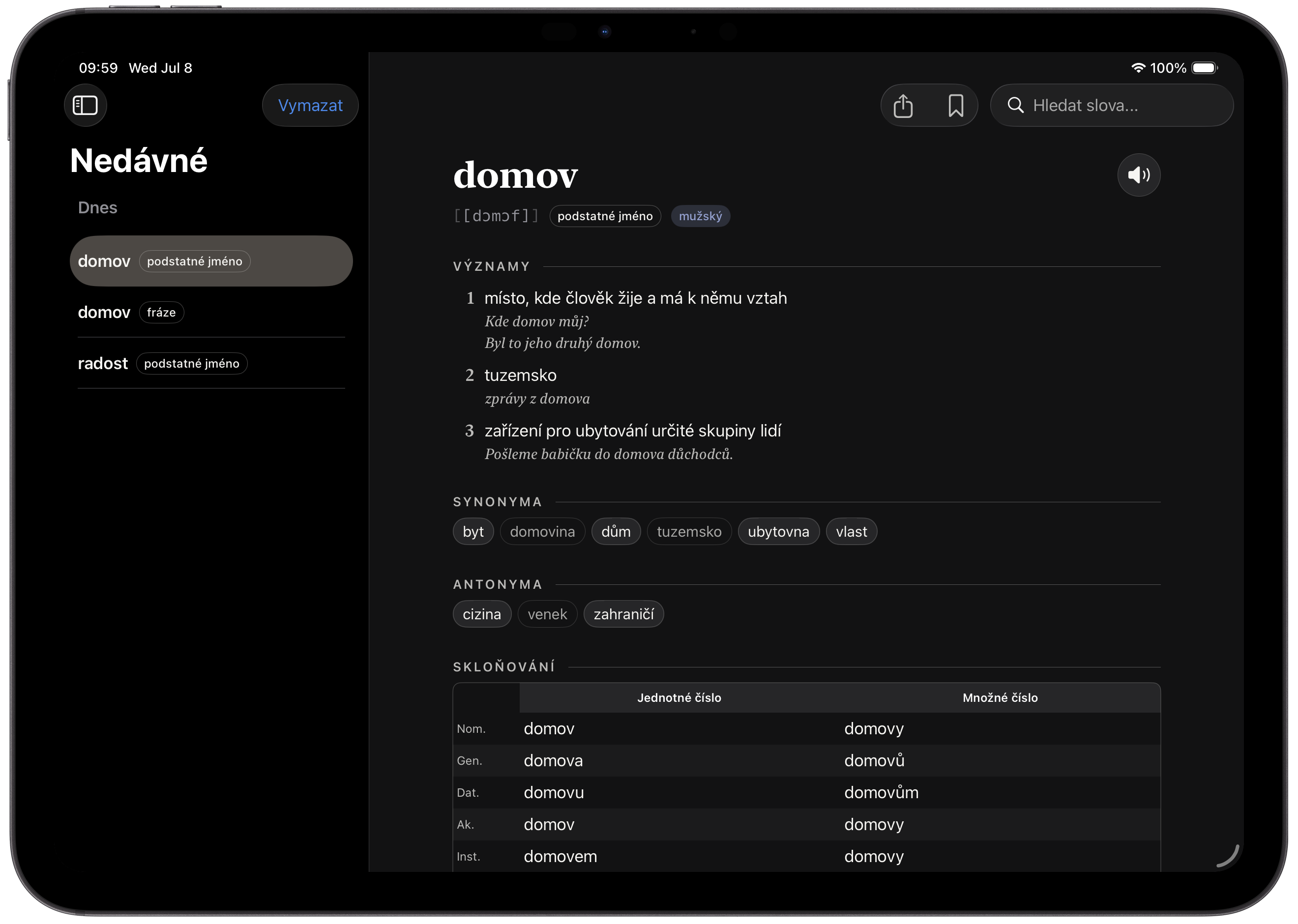 Slovíčka iPad screenshot showing recents in landscape orientation