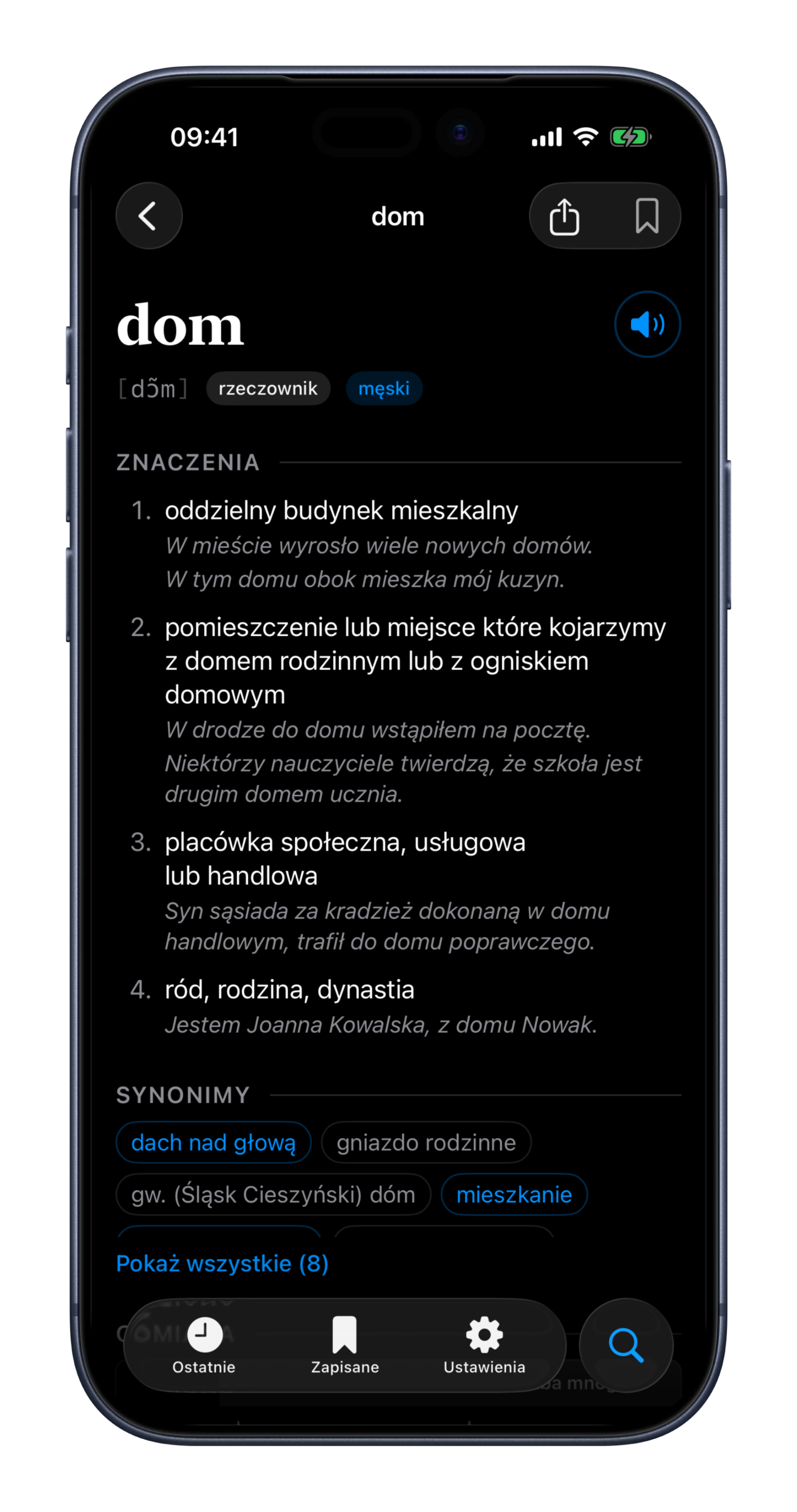 Słówka dictionary entry screen for the Polish word dom