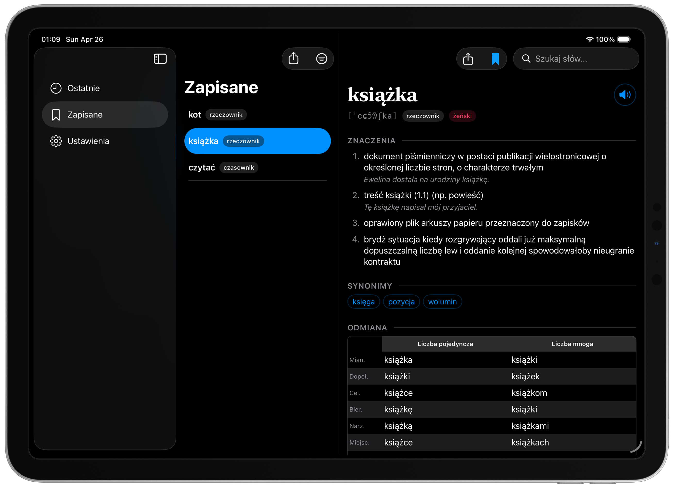 Słówka iPad screenshot showing recents in landscape orientation